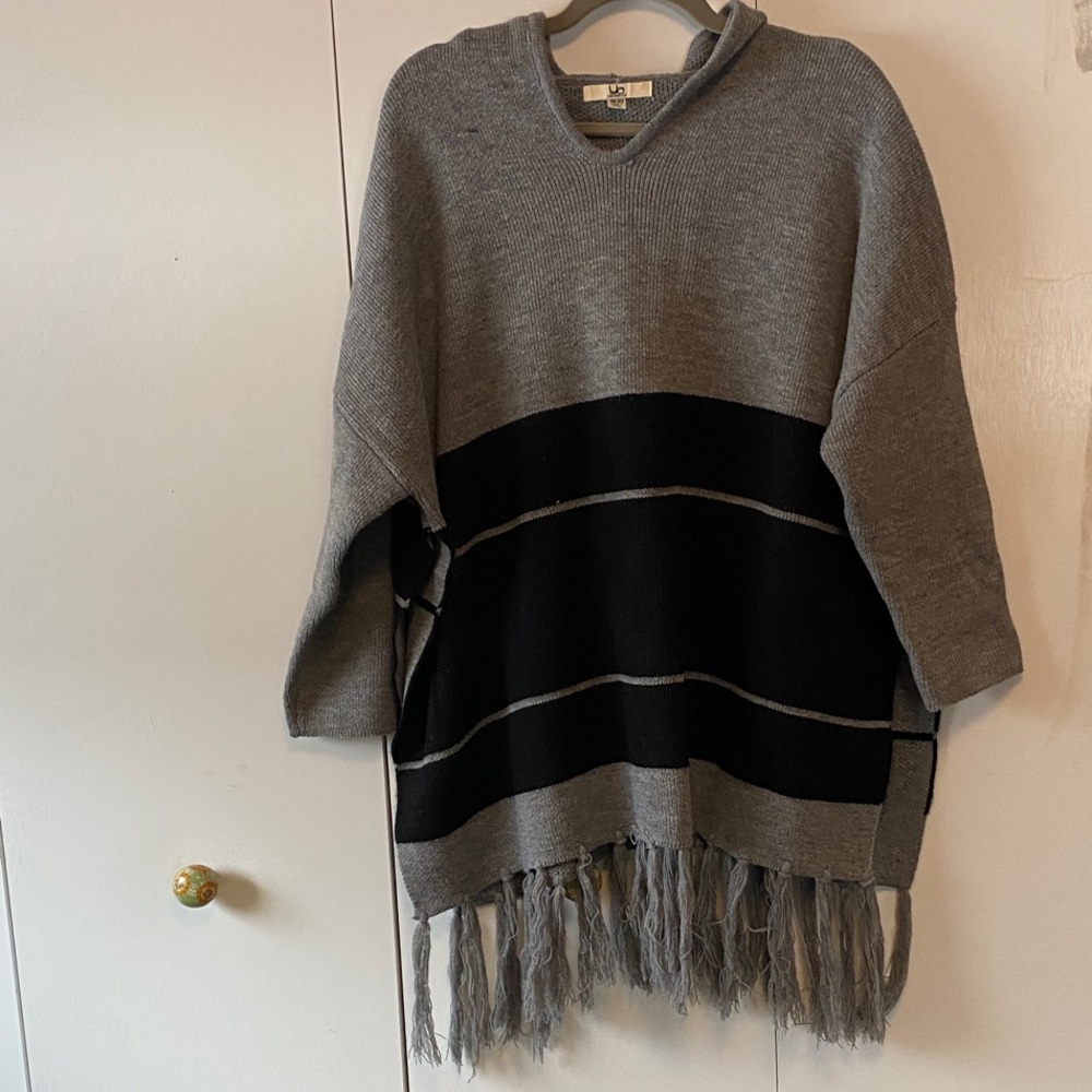 Gray and Black Women's Hooded Poncho Sweater with Fringe and High Side Slits